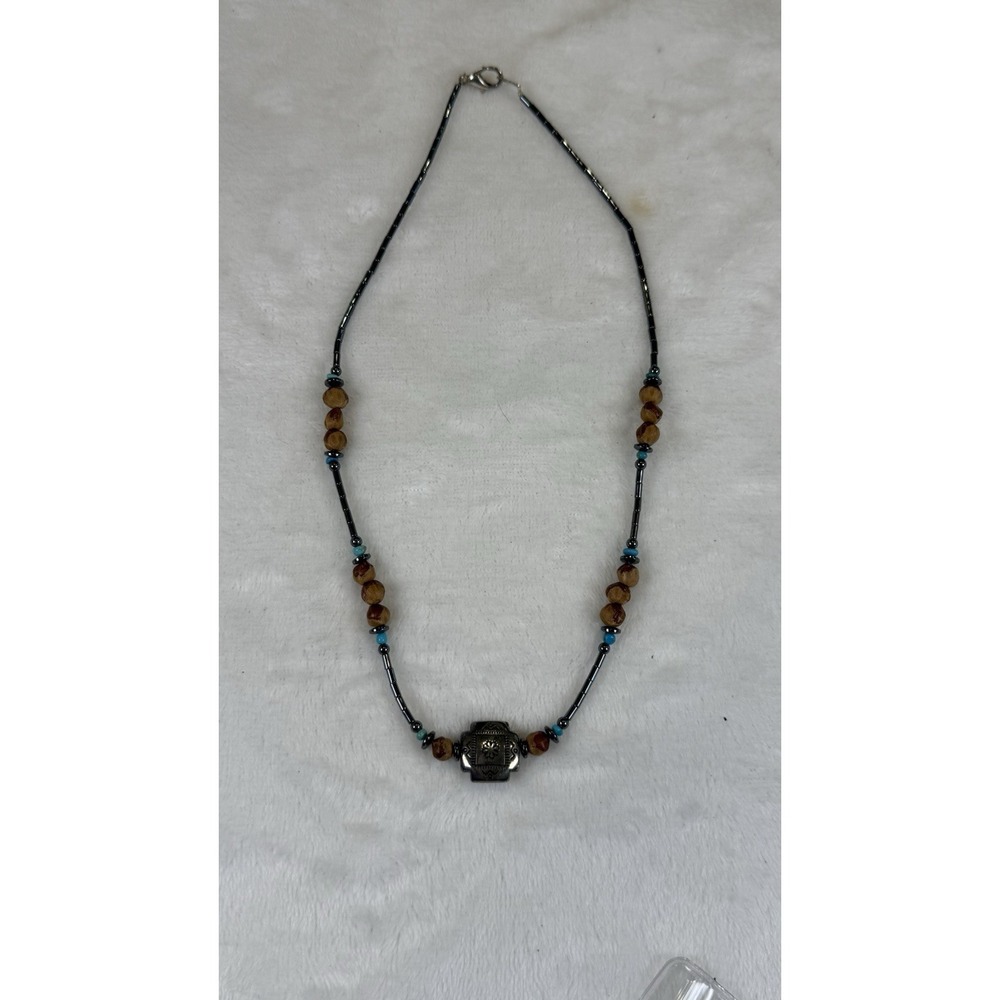 Southwestern Style Beaded Necklace Hematite Turquoise Tone Accent Pendant‎